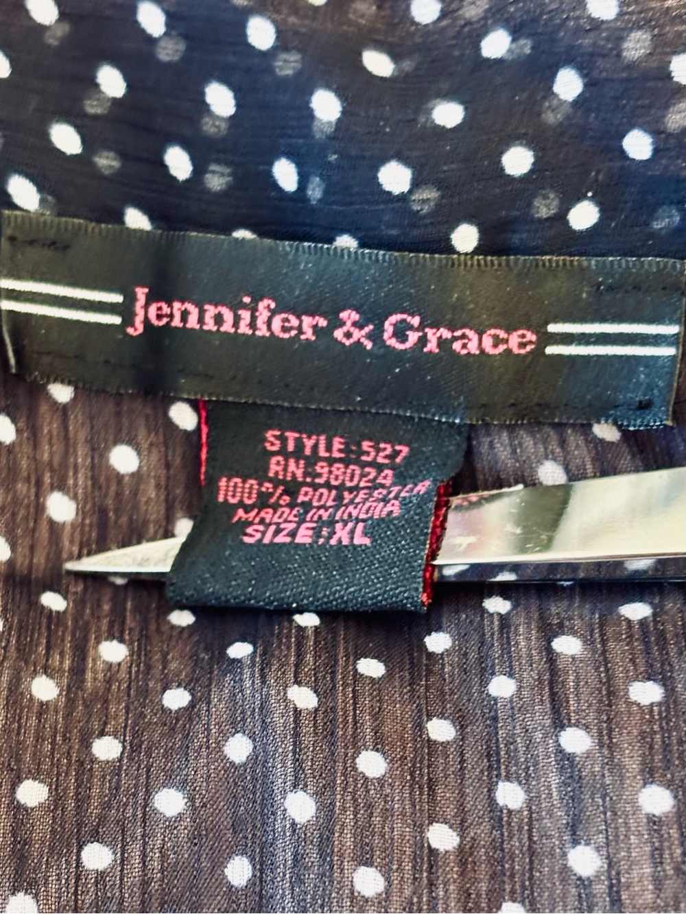 Jennifer & Grace Blouse Black White Polka Dot sheer puff ruffle tie elastic XL - Picture 2 of 8